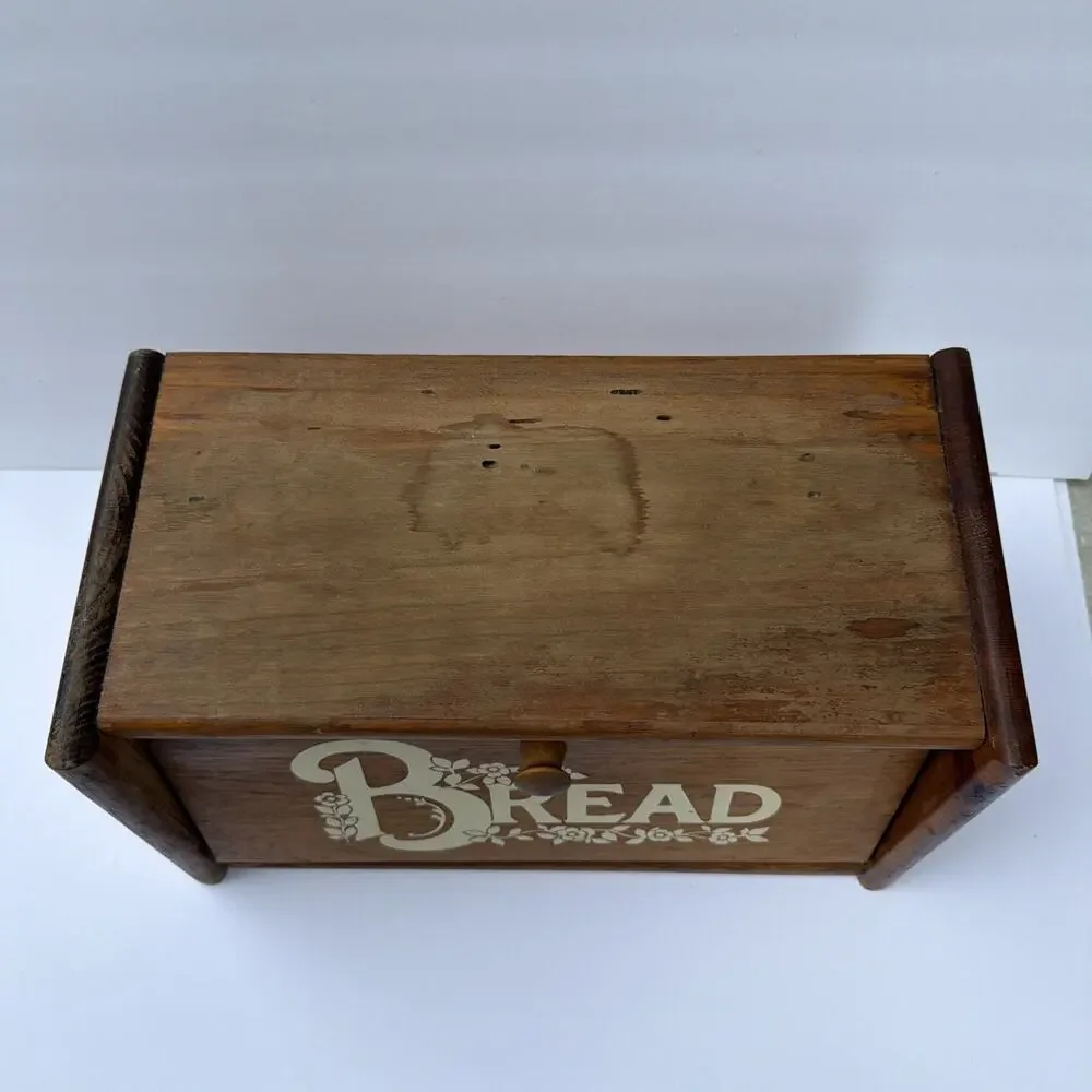 Wooden Bread Box MCM Oak Finish Decorative Bread Letters & Flowers Vintage Gift